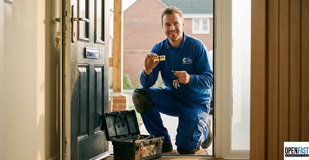 Handwerker tauscht Türschloss